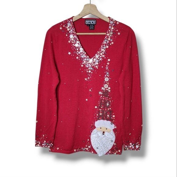 Berek Christmas Top Small | Red Beaded Sequin Santa Claus Holiday Knit - Picture 1 of 8